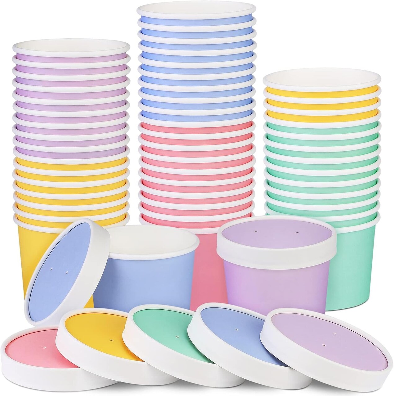 50 Pack Ice Cream Containers with Lids 8 Ounces Disposable Soup Bowls with Lid Paper Ice Cream Sundae Cups Treat Cups with Lids Protect Frozen Desserts like Yoghurt, Assorted Colors